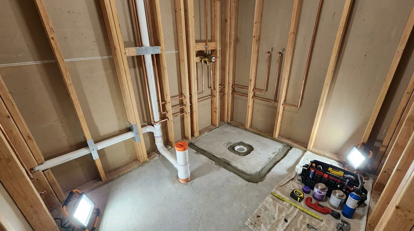 Bathroom rough-in plumbing during remodel by Johns Plumbing LLC in Union