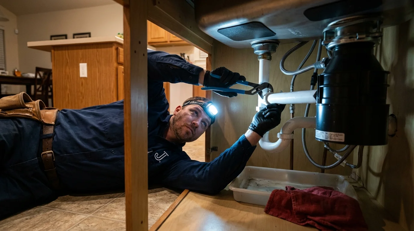 P-trap and supply line connections under a kitchen sink showing a common leak point in Union, WV